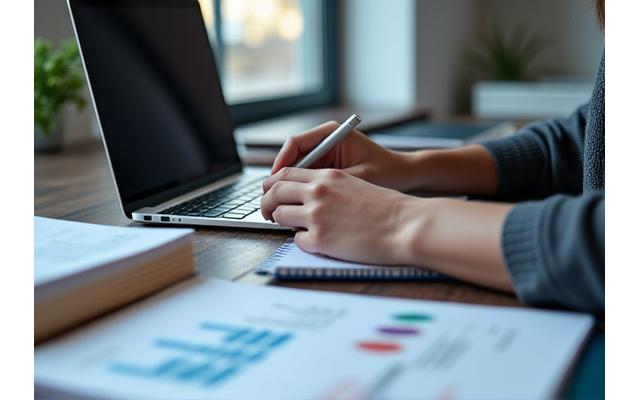 Osoba korzystająca z laptopa i notatek, symbolizująca rozwój zawodowy.